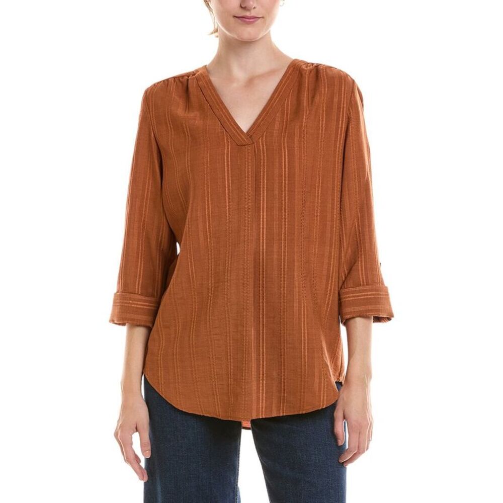 Jones New York Womens Petite Roll Tab Pleat Front Woven Top, Orange